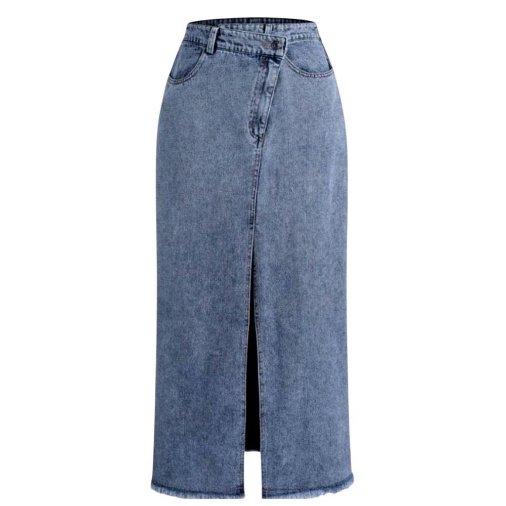 Commense Denim‎ Maxi Skirt Frayed Hem High Waist Slit Front Light Wash XS - Picture 2 of 10